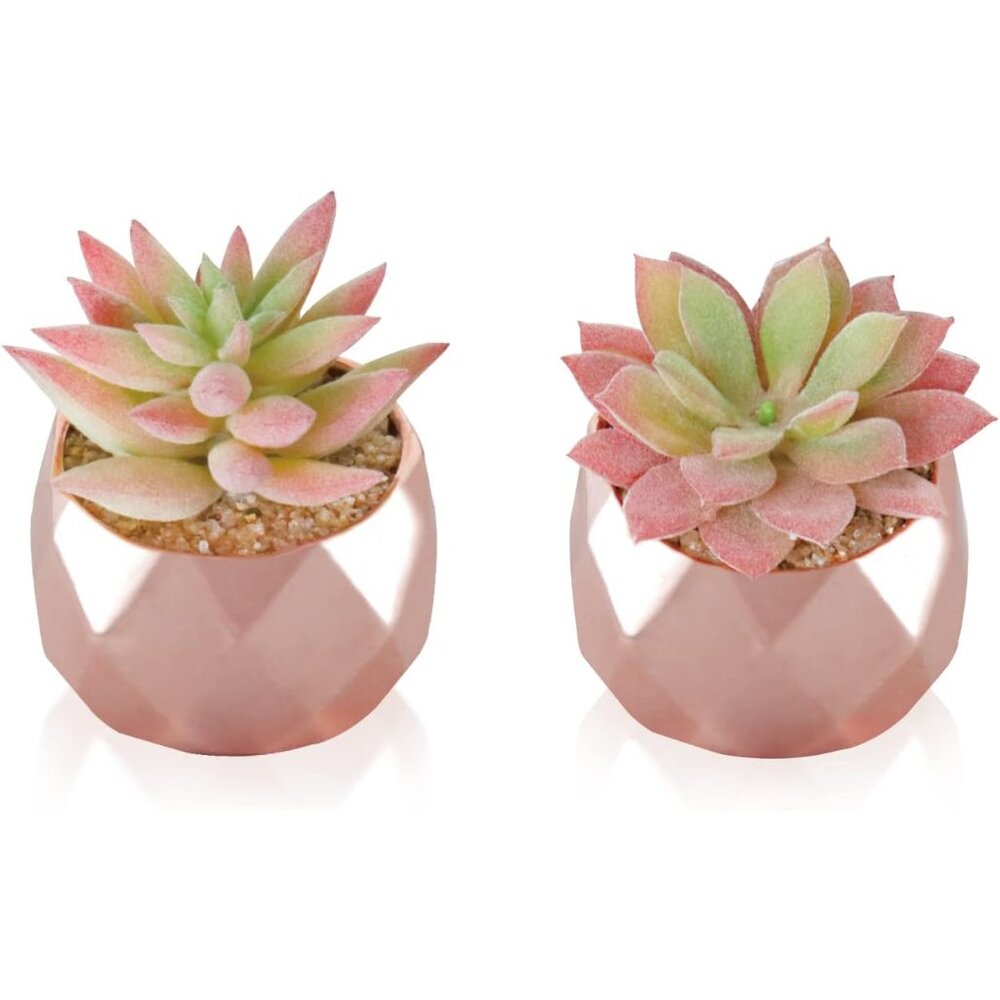 Artificial Faux Succulents in Pots, Mini Rose Gold Fake Plants for Women Desk, S